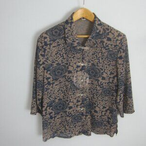 Vtg Unbranded Womens L Mocha Brown Navy Blue Floral Silk Tunic Shirt Embroidered